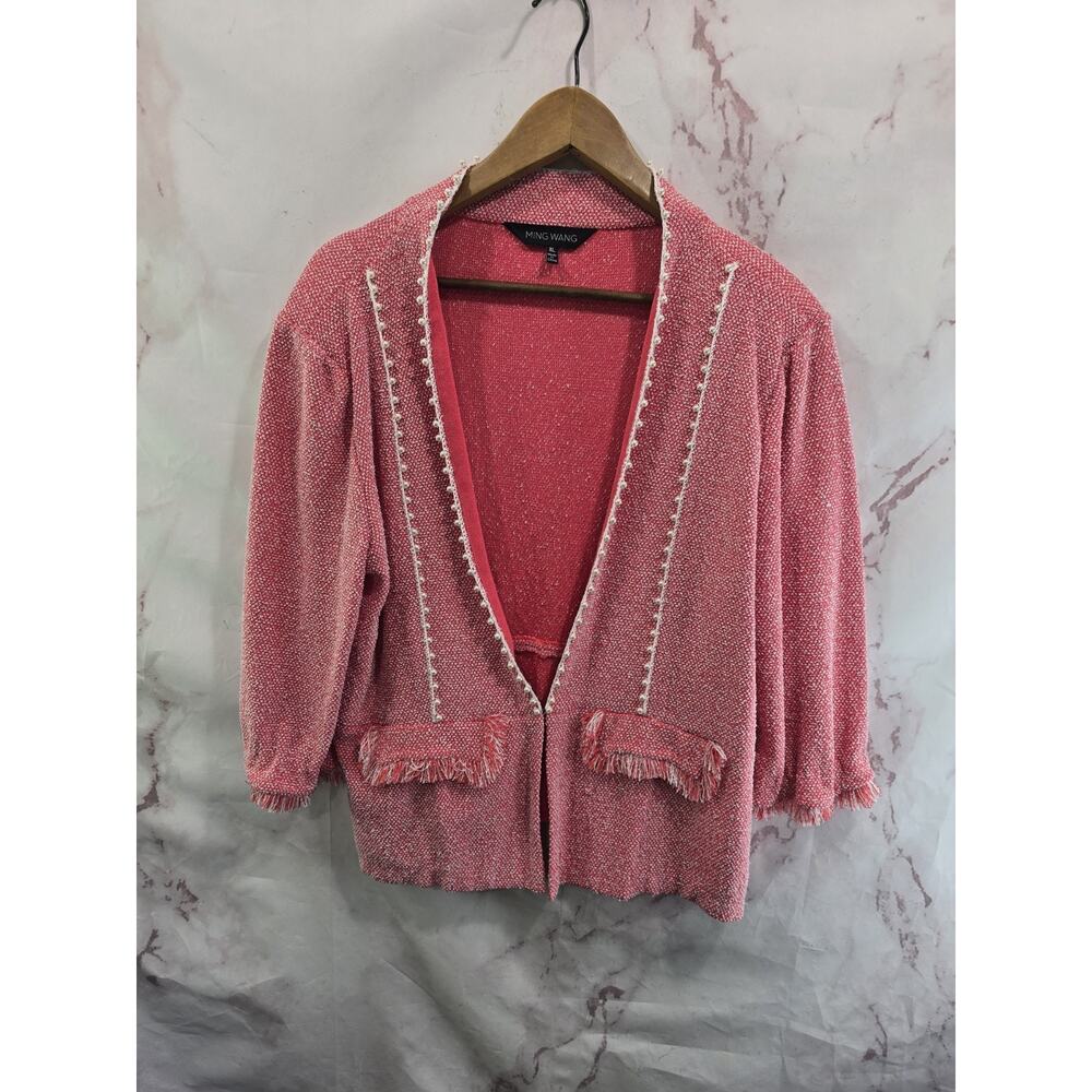 Ming Wang Jacket Womens XL Pink Pearl Tweed Blazer Formal Topper Fringe Puff